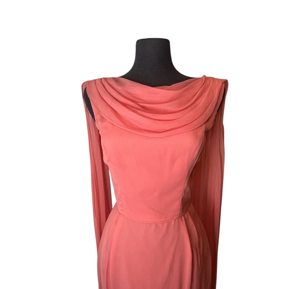 Retro Vintage 60s Coral Chiffon Draped Neckline Dress – Elegant Sleeveless Small - Picture 9 of 15